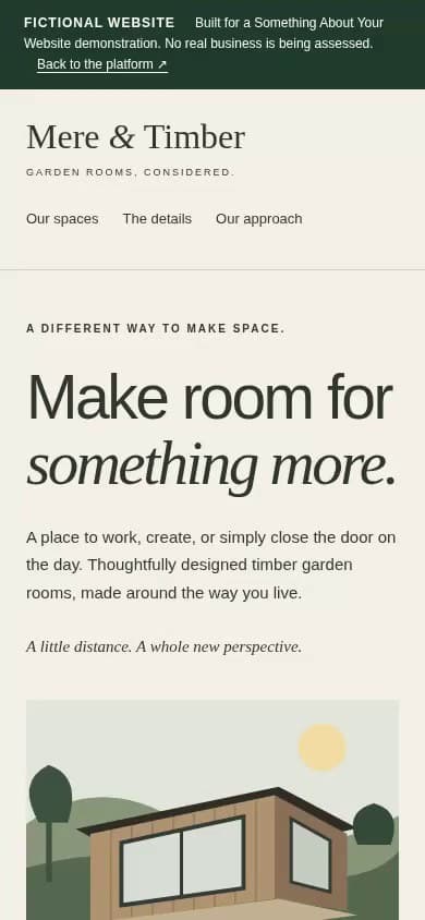 Original opening view of the fictional Mere & Timber mobile website, with its garden-room offer and no enquiry button in the hero.